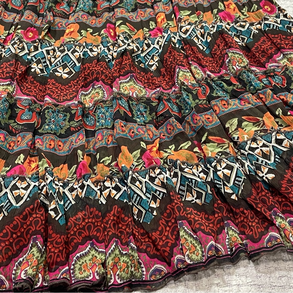 Silky Floral Multi Design Western Boho Pull on Full Skirt Fall Colors Size Small - Picture 4 of 11